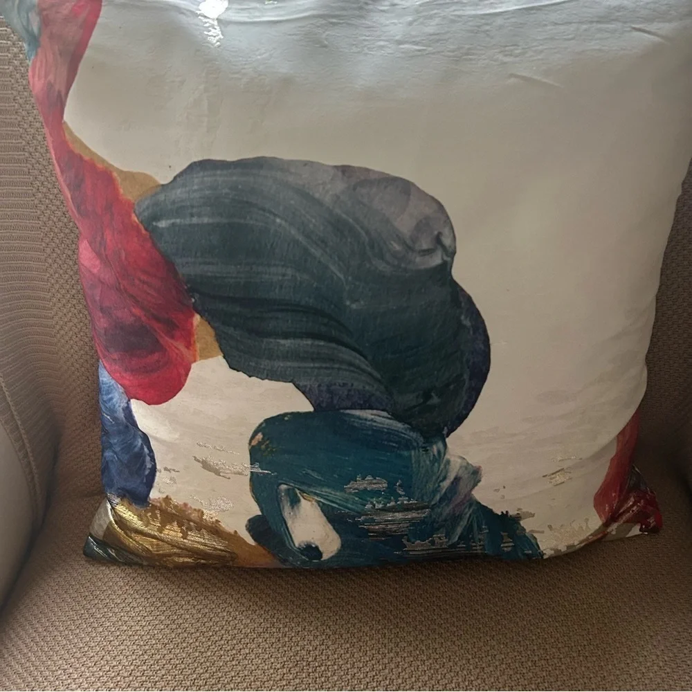 NWT West Elm Art Deco Pillow. Blue, Gold, Red with White Background. Metallic